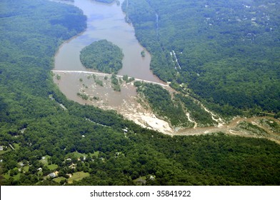 Aerial of the Great Falls National Park on the Potomac River near Washington DC. Below is Great Falls, Virginia, and behind the river is Potomac, Maryland.