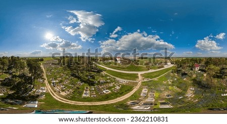 aerial hdri 360 panorama view above cemetery among pine forest in village from great height in equirectangular seamless spherical  projection. may use like sky replacement for drone 360 panorama