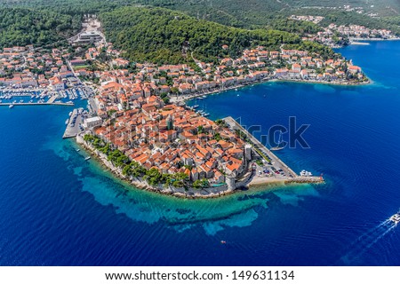 Aerial helicopter shoot of Korcula old town. Dubrovnik archipelago - Elaphites islands