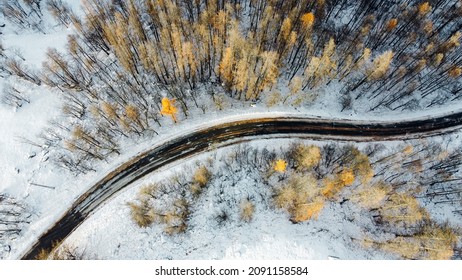 Aerial High Angle View Of Narrow Winding Curvy Mountain Road Among The Trees In Winter Forest. Snowy Landscape, Bird's Eye View.