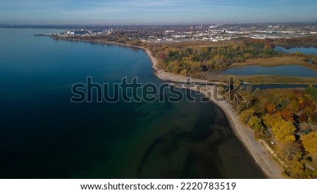 Aerial high angle view of the waterfront near Rotary Park in Ajax Ontario