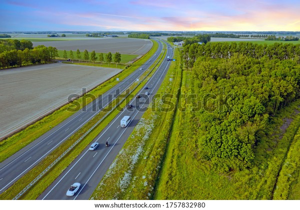 Aerial from the highway A6 near Almere in the\
countryside from the\
Netherlands