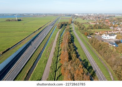 Aerial from the highway A7 near Uitwellingerga in Friesland the Netherlands