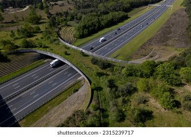 Aerial of highway traversed by wildlife crossing forming a safe natural corridor bridge for animals to migrate between conservancy areas. Environment nature reserve infrastructure eco passage.