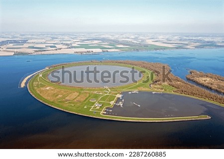 Aerial from IJsseloog which is an artificial island in the middle of the Ketelmeer that aims to store contaminated sludge from the bottom of the lake. 