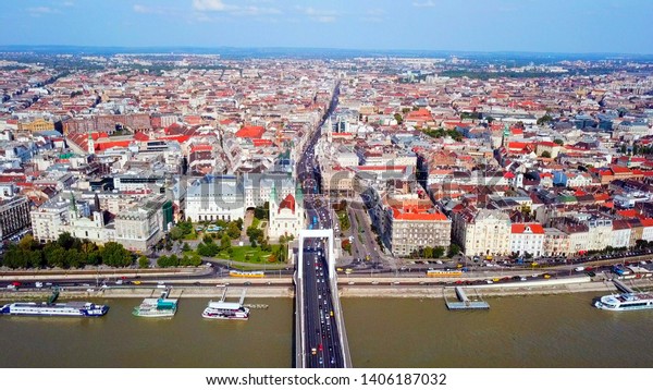 Aerial image of Budapest, Hungary over the Danube\
river on a summer\'s day.