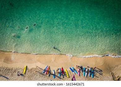 Aerial Image of cornish beach with Paddle boards lined up - Powered by Shutterstock