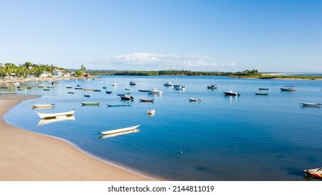 Aerial image of fishing boats in fishing village during the day. Itacaré, Bahia 