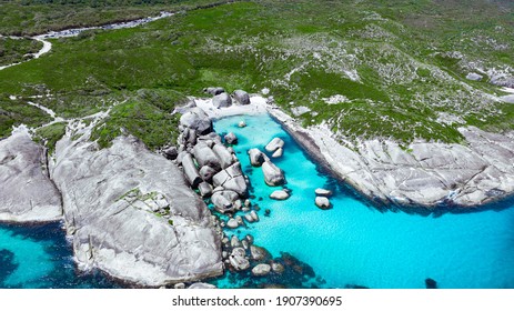 Aerial image of Green Pools and Elephant Rocks beach on Great Southern Ocean in Denmark, Western Australia. 