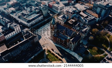 aerial image of the guildhall plus guildhall square in derry londonderry, northern ireland