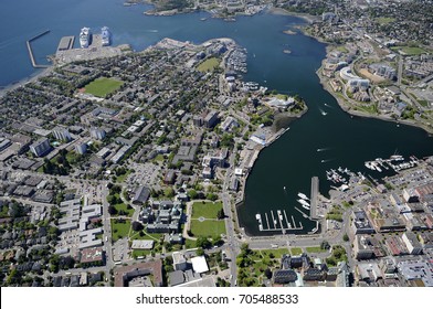Aerial image of historic Victoria, inner harbor, Empress Hotel, Parliament Buildings, Vancouver Island, BC, Canada