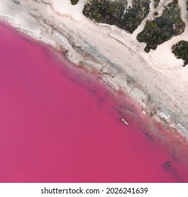 Aerial image of Hutt Lagoon in Port Gregory, Western Australia. The lake is used for growing medicinal algae that colours the water pink. Australia. 