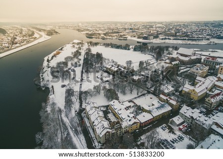 Aerial image of Kaunas city, Lithuania. Winter scene.