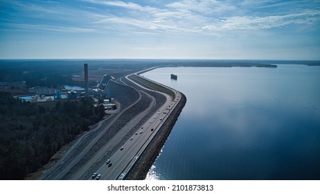 Aerial Image of Lake Murray SC Dam - Dreher Shoals - Shutterstock ID 2101873813