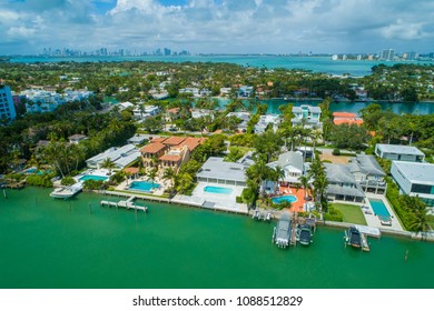 Aerial Image Of Luxury Homes On Allison Island Miami Beach FL USa