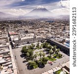 Aerial image of the main square of the city of Arequipa, the city and in the background, the Misti volcano, the most important of the Arequipa region. Located in the south of Peru. 
