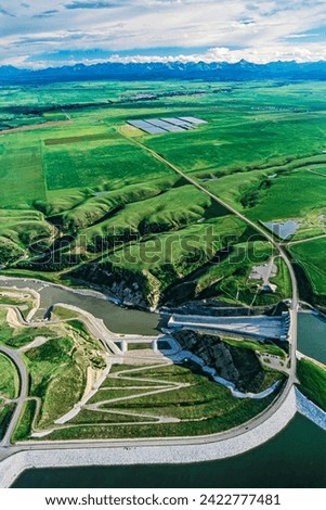 Aerial image of Oldman River Dam, Alberta, Canada