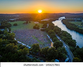 Aerial Image Of Outdoor Concert Crowd In Austin Texas At Sunset