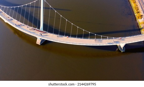 aerial image of the peace bridge in derry londonderry, northern ireland 