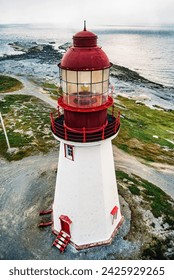 Aerial image of Port au Choix Lighthouse, Point Riche Lighthouse, Newfoundland, Canada