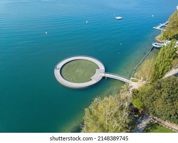 Aerial Image Of The Public Swimming Pool At The Zurich Lake Side With A Wooden Circle Toddler Pond