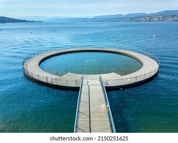 Aerial Image Of The Public Swimming Pool At The Zurich Lake Side With A Wooden Circle Toddler Pond