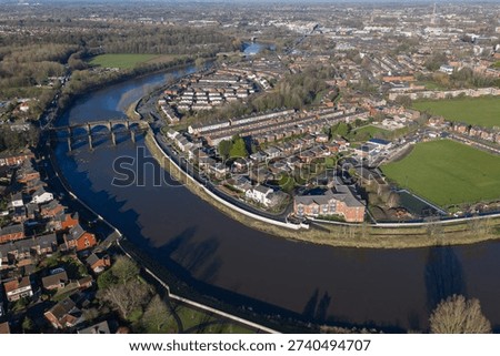 Aerial image of the River Ribble loop and Preston city landmarks