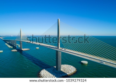 Aerial image of a steel cable suspension bridge Tampa Bay Florida