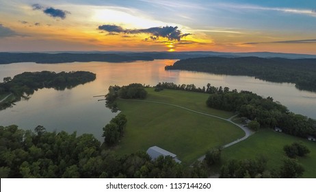 Aerial image of sunset at Camp John Knox on Watts Bar Lake in east Tennessee.  - Shutterstock ID 1137144260