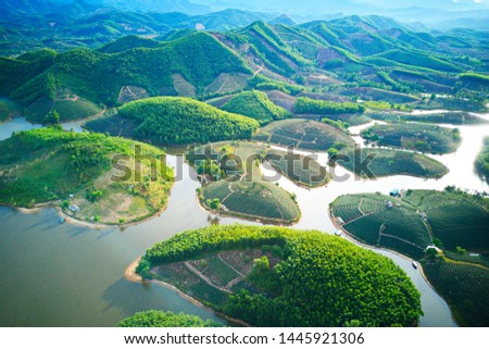Aerial image of tea plantations on islands in Thanh Chuong, Nghe An, Vietnam. Imagine de stoc © 