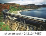 Aerial image of train and rail line Agawa Canyon, Ontario, Canada