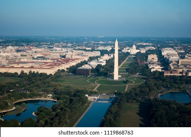 Aerial Image Of Washington Dc Including WW2 Memorial, Washington Monument The National Mall, Reflecting Pool And The US Capitol