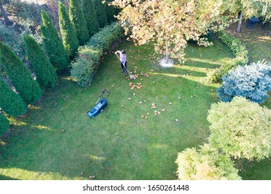 Aerial Image Of Woman Taking Care Of Lawn In Autumn, Raking Leaves And Mowing Grass