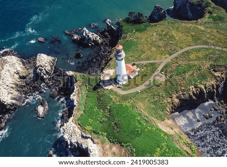 Aerial image of Yaquina Head Lighthouse, Oregon, US