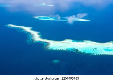 Aerial Indian Ocean Landscape With Reefs And Islands, Maldives
