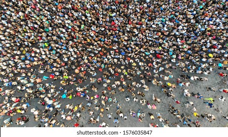 Aerial. Interested crowd of people in one place. Top view from drone. - Shutterstock ID 1576035847