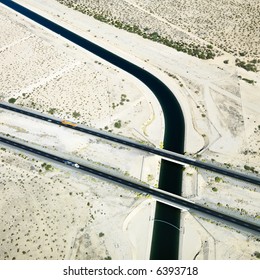 Aerial Of Interstate 10 Highway Crossing Over Colorado River Aqueduct In Arizona.