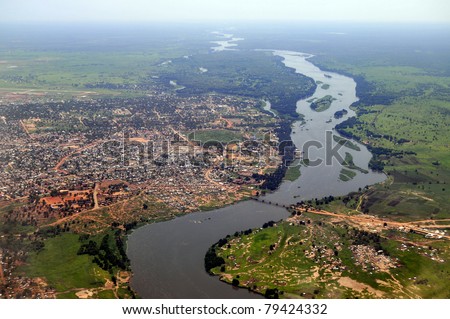 Aerial of Juba, the capital of South Sudan, with river Nile on the right