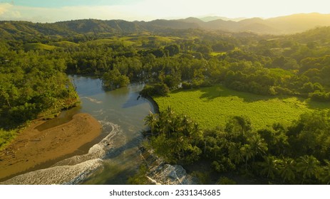 AERIAL Jungle river outflow with incoming tidal waves in misty morning light. Picturesque location where river meets ocean in Panama. Slow flowing tropical river among lush growing vibrant green trees - Powered by Shutterstock