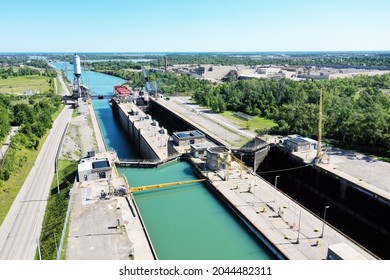 An aerial of a Lake Freighter entering lock in the Welland Canal, Canada