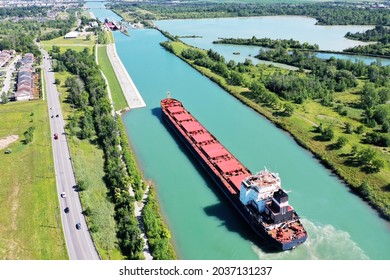 An aerial of a Lake Freighter sailing in the Welland Canal, Canada