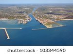 aerial lake landscape, view of the Welland Canal, Lake Erie entrance;  Port Colborne Ontario Canada