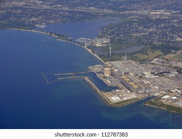 Aerial Lake Shore Landscape, View Of A Nuclear Power Plant Located On The Shore Of Lake Ontario, Pickering Ontario Canada