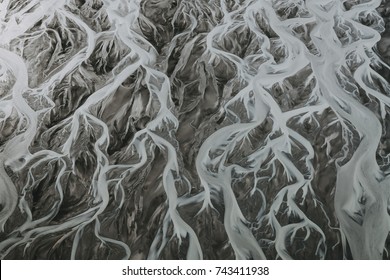 Aerial Landscape Of Braided Glacial Rivers, Iceland