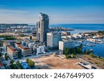 Aerial landscape of the harbor in Gdynia with modern architecture in setting sun. Poland