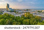 Aerial landscape of the harbor in Gdynia with modern architecture at sunset. Poland