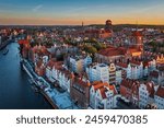 Aerial landscape of the Main Town of Gdansk by the Motlawa river, Poland.