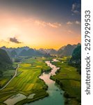 Aerial landscape in Phong Nam valley, Cao bang province, Vietnam with river, nature, rice fields, beautiful destination in Northern Vietnam. Travel and landscape concept. Nature background