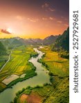 Aerial landscape in Phong Nam valley, Cao bang province, Vietnam with river, nature, rice fields, beautiful destination in Northern Vietnam. Travel and landscape concept. Nature background