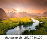 Aerial landscape in Phong Nam valley, Cao bang province, Vietnam with river, nature, rice fields, beautiful destination in Northern Vietnam. Travel and landscape concept. Nature background